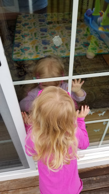 My kids goofing around through the sliding door while I cooked.